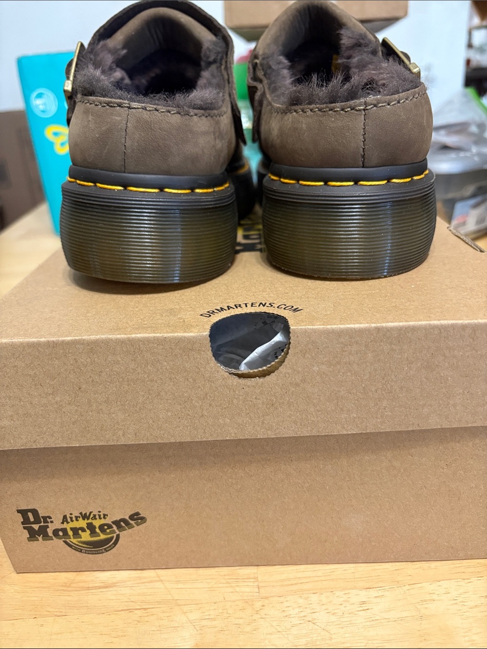 Dr. Martens  Brown Suede Buckle Clog with Yellow Stitching - Picture 4 of 6